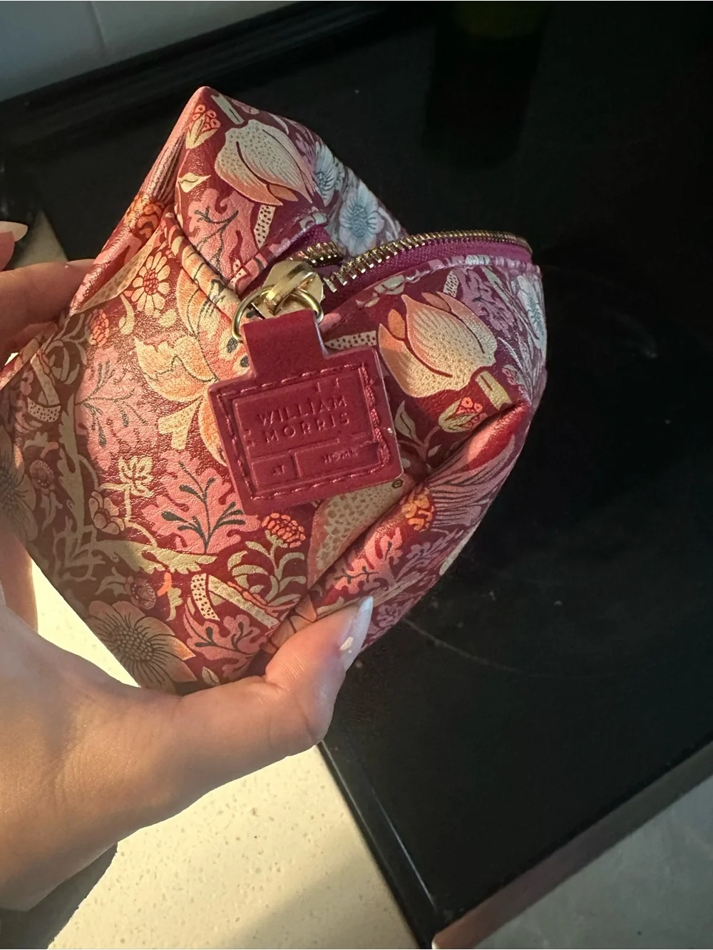 William Morris Floral & Bird Pattern Quilted Cosmetic Pouch - Red
